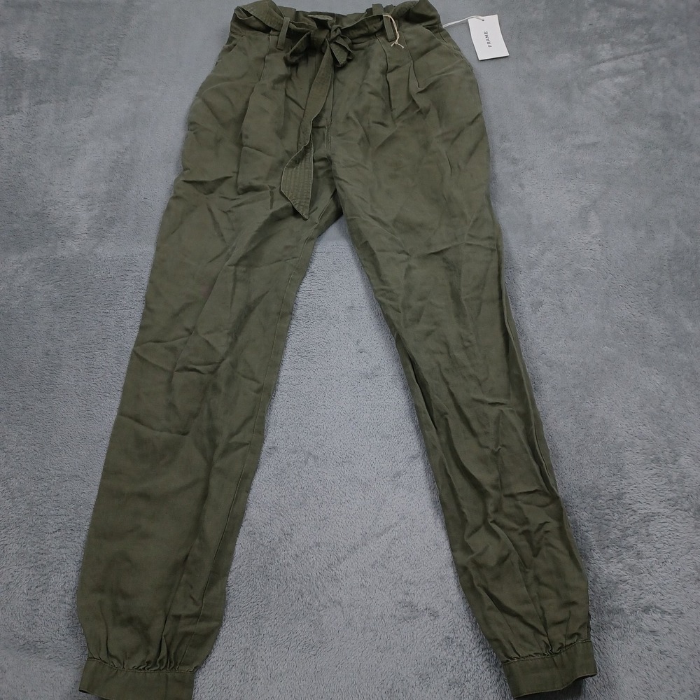 Frame Pants Womens 2 Green Paperbag Trouser Linen Blend Belted NWT